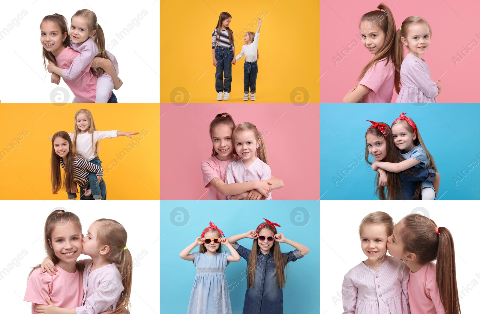 Collage with photos of sisters on different colors backgrounds Image of Collage with photos of sisters on different colors backgrounds