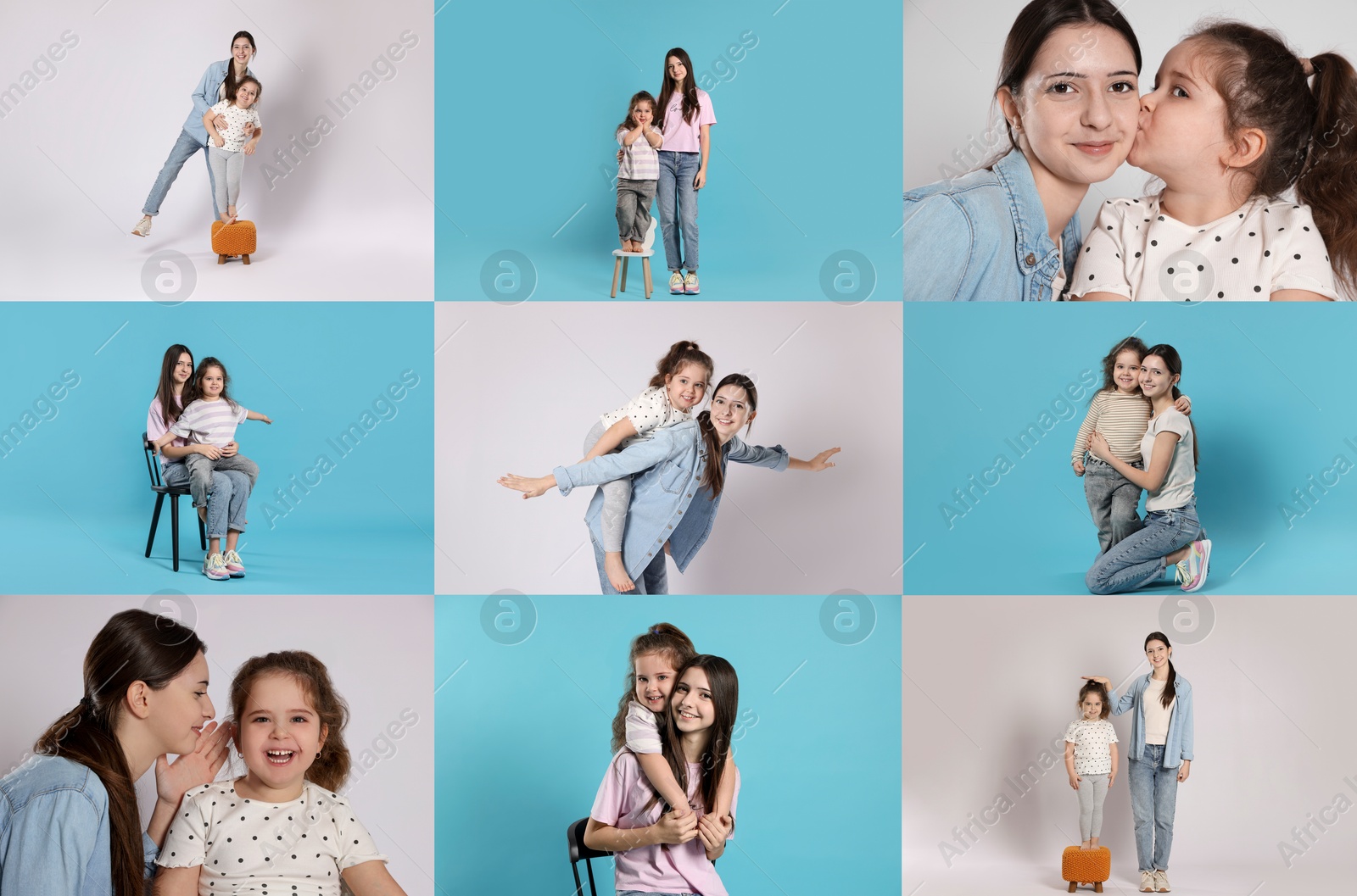 Collage with photos of sisters on different colors backgrounds Image of Collage with photos of sisters on different colors backgrounds