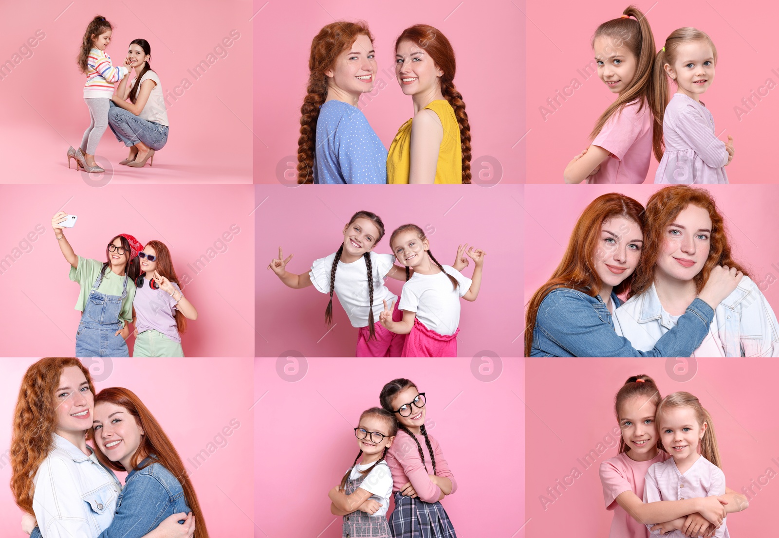 Collage with photos of sisters on pink background Image of Collage with photos of sisters on pink background