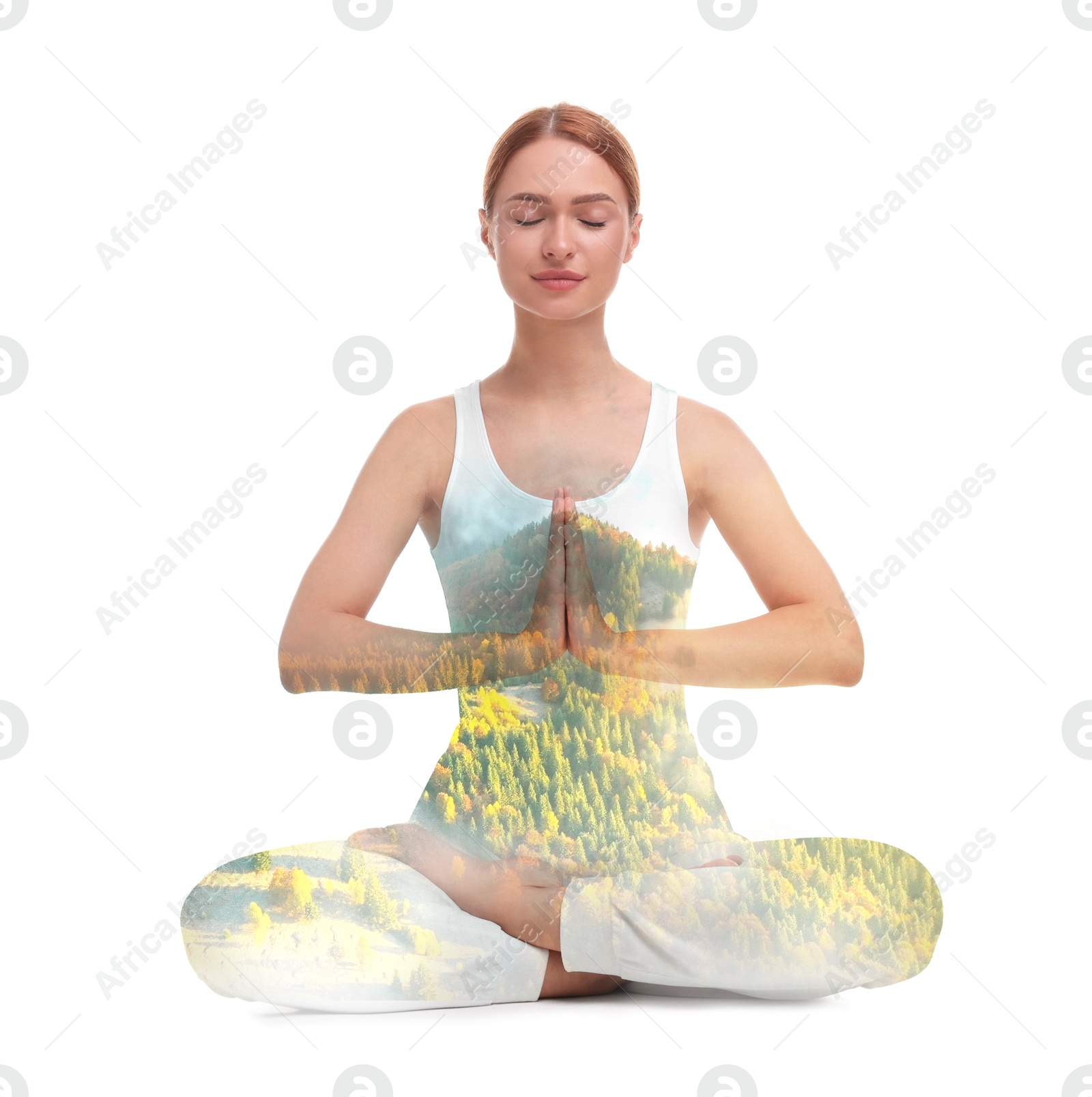 Image of Young woman meditating during yoga practice on white background, double exposure with mountain landscape
