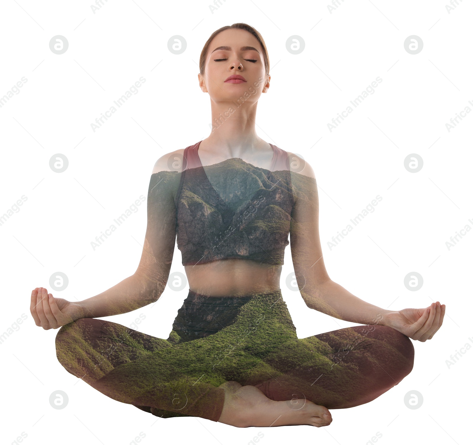 Image of Young woman meditating during yoga practice on white background, double exposure with mountain landscape