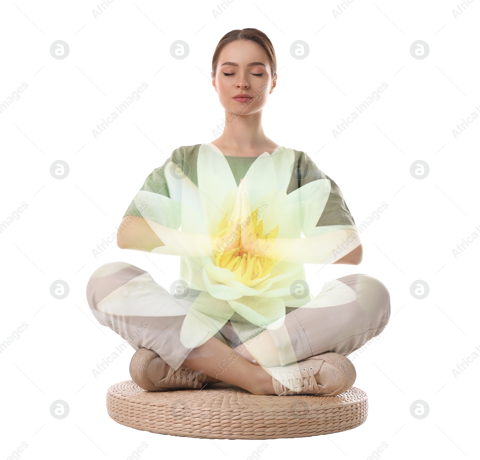 Young woman meditating during yoga practice on white background, double exposure with lotus flower Image of Young woman meditating during yoga practice on white background, double exposure with lotus flower