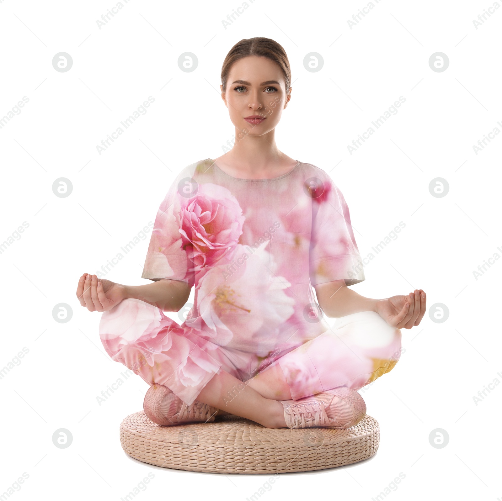 Image of Young woman practicing yoga on white background, double exposure with flowers