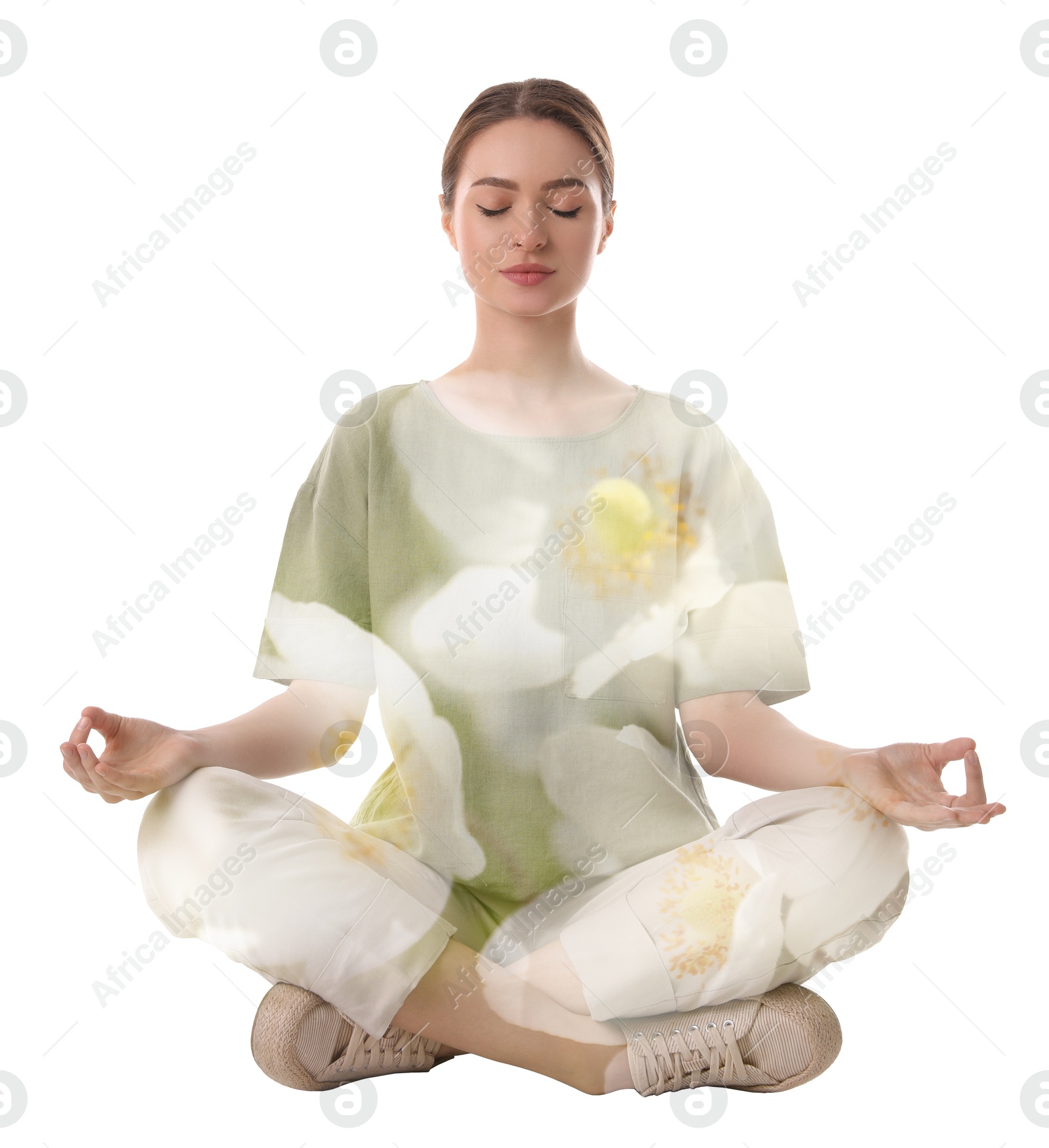 Young woman meditating during yoga practice on white background, double exposure with flowers Image of Young woman meditating during yoga practice on white background, double exposure with flowers