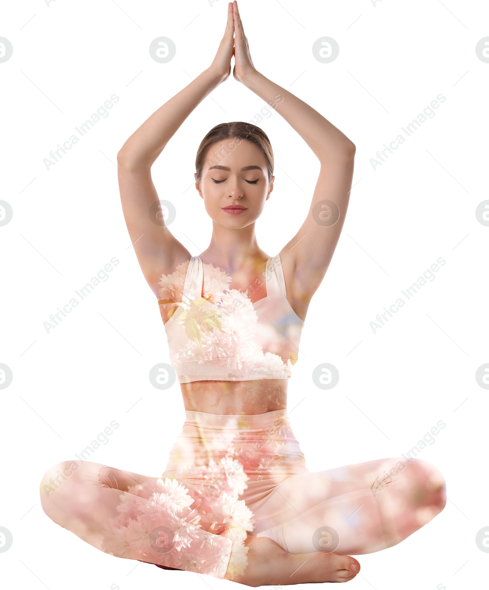 Young woman practicing yoga on white background, double exposure with flowers Image of Young woman practicing yoga on white background, double exposure with flowers