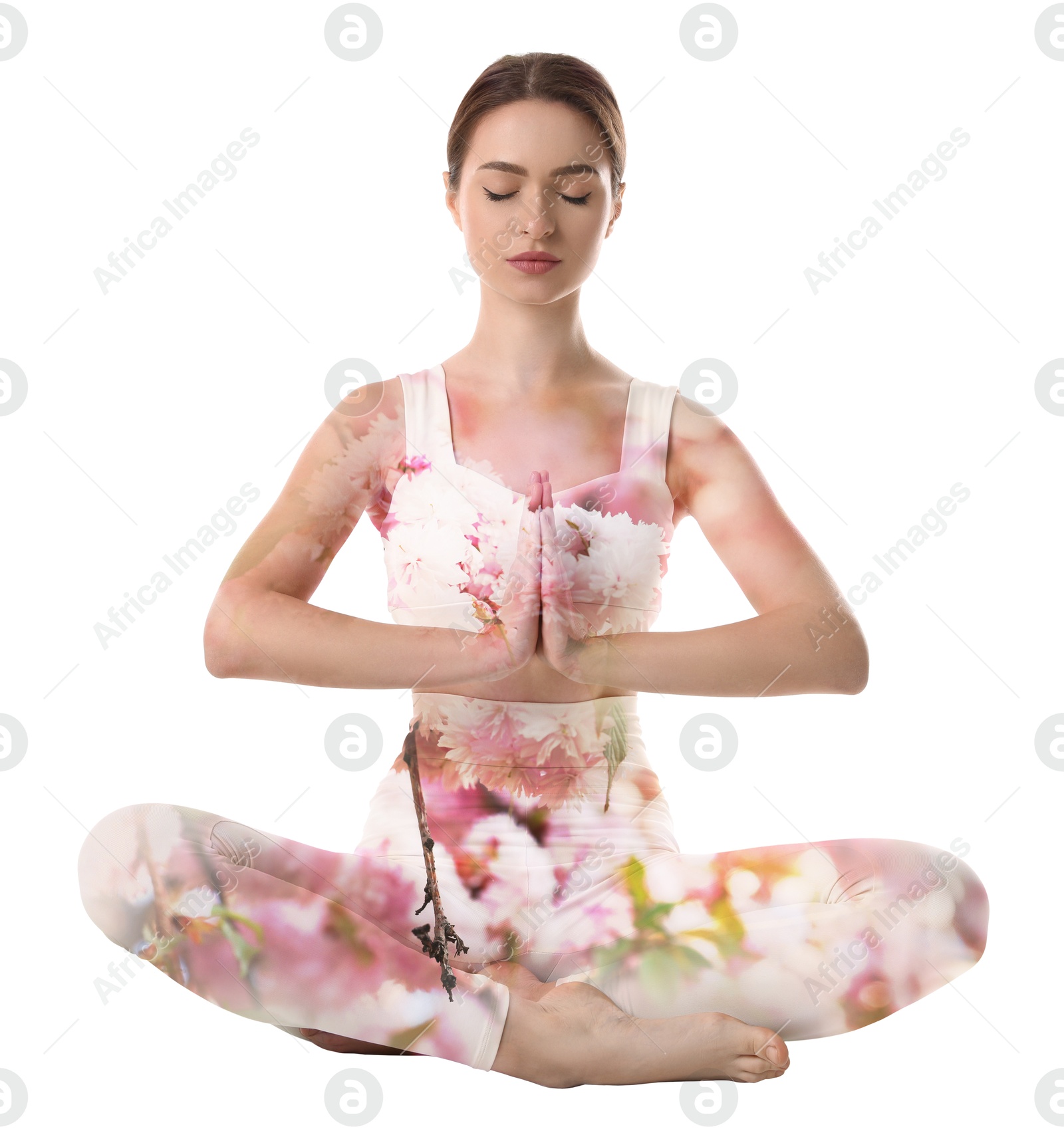 Image of Young woman meditating during yoga practice on white background, double exposure with flowers