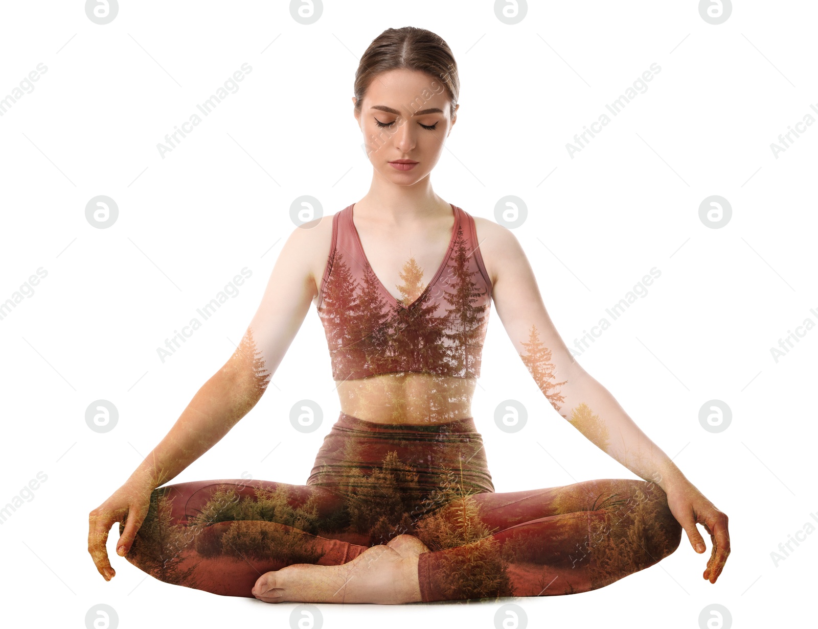 Young woman meditating during yoga practice on white background, double exposure with nature landscape Image of Young woman meditating during yoga practice on white background, double exposure with nature landscape