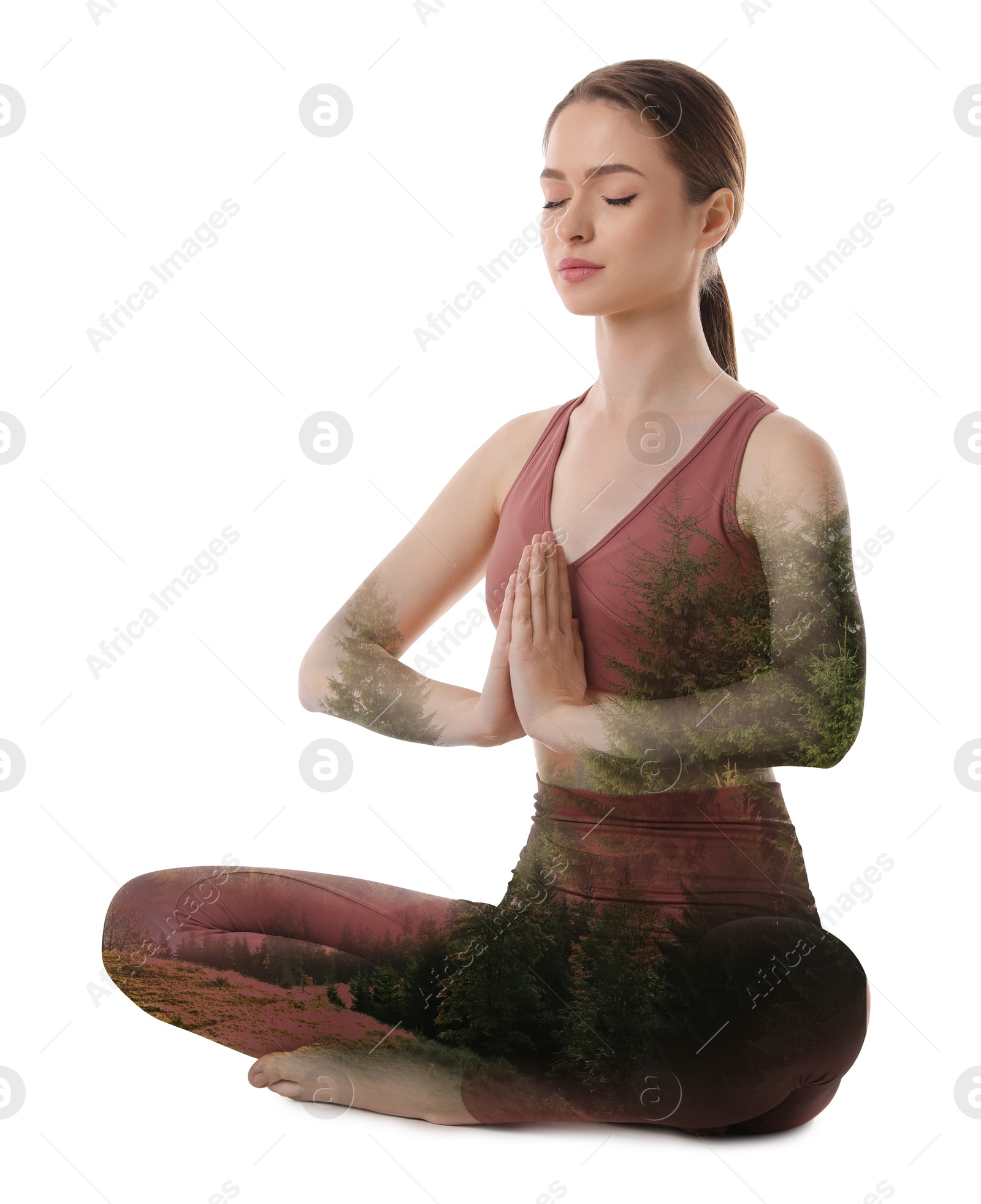 Young woman meditating during yoga practice on white background, double exposure with nature landscape Image of Young woman meditating during yoga practice on white background, double exposure with nature landscape