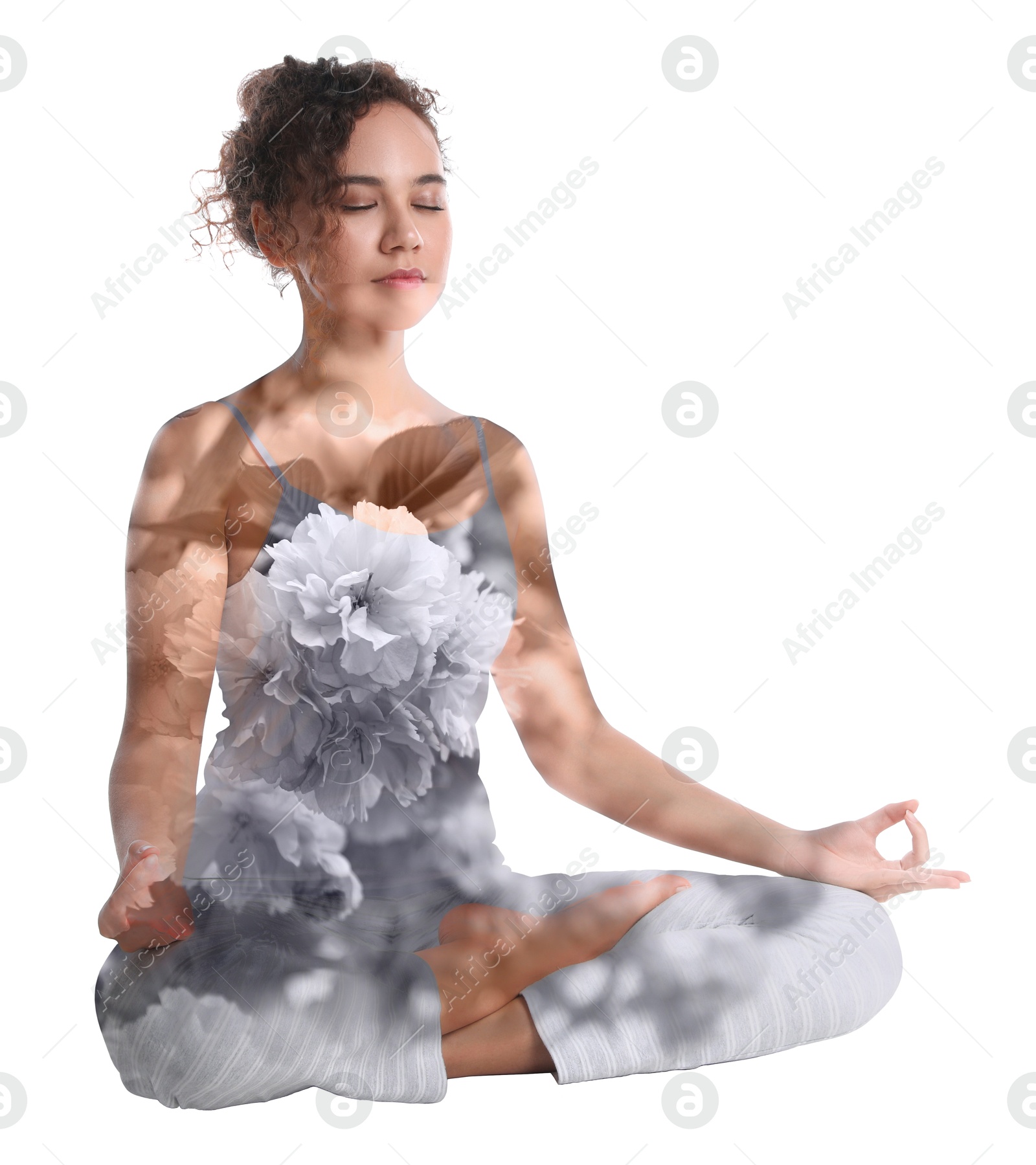 Young woman meditating during yoga practice on white background, double exposure with flowers Image of Young woman meditating during yoga practice on white background, double exposure with flowers