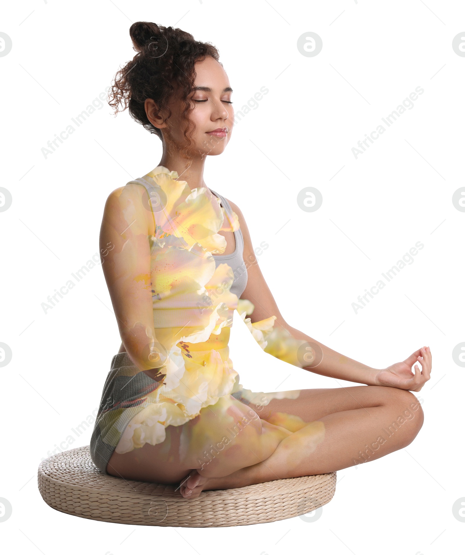 Young woman meditating during yoga practice on white background, double exposure with flowers Image of Young woman meditating during yoga practice on white background, double exposure with flowers