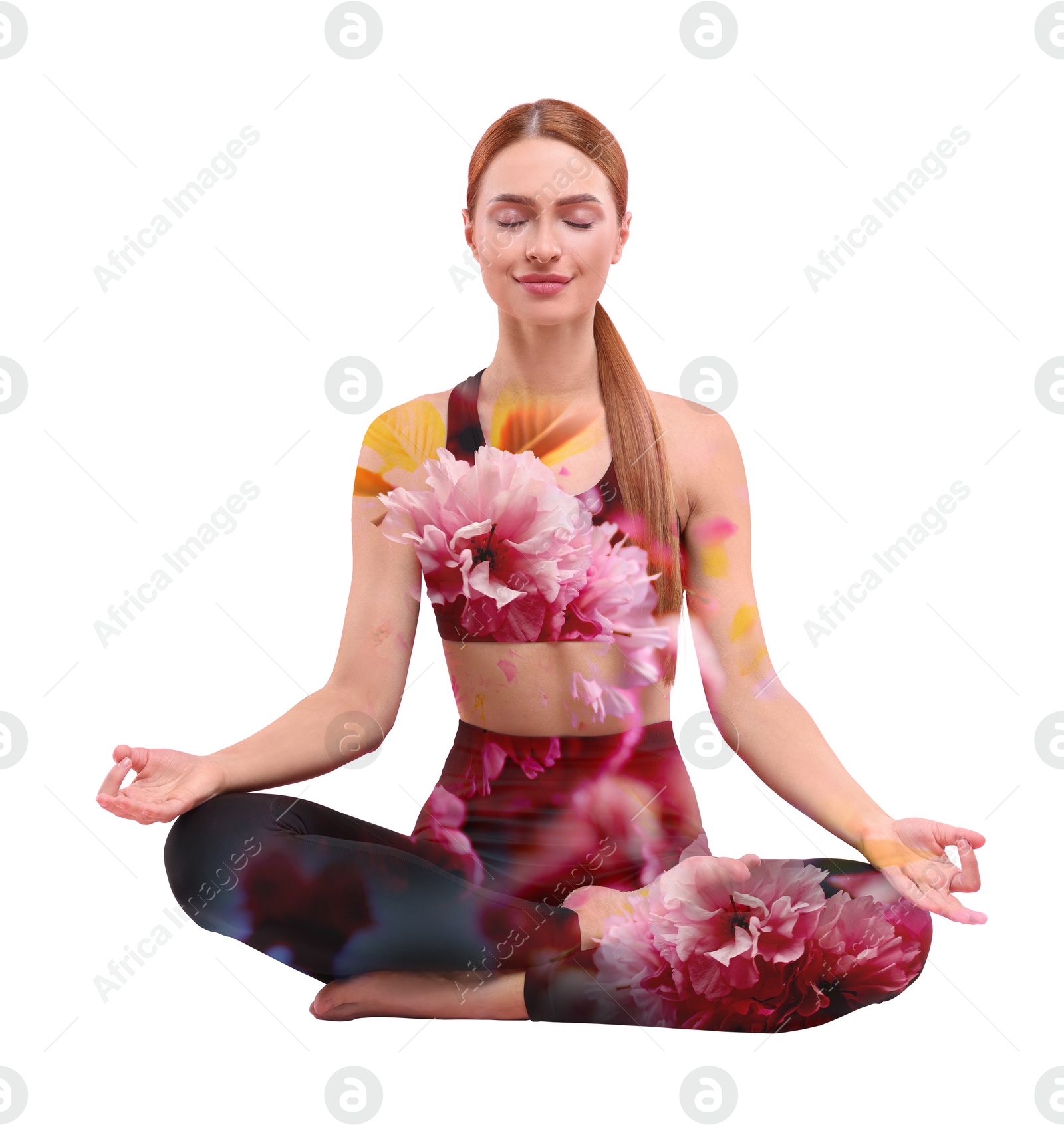 Young woman meditating during yoga practice on white background, double exposure with flowers Image of Young woman meditating during yoga practice on white background, double exposure with flowers