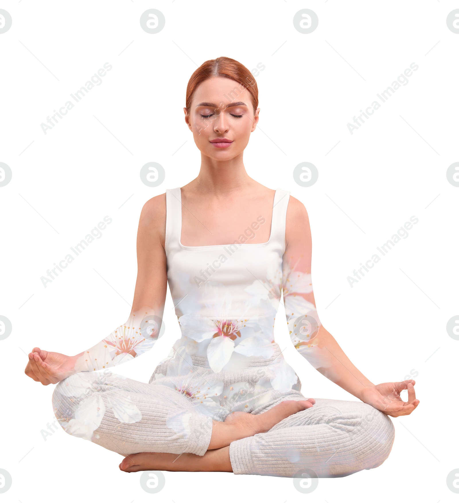 Young woman meditating during yoga practice on white background, double exposure with flowers Image of Young woman meditating during yoga practice on white background, double exposure with flowers