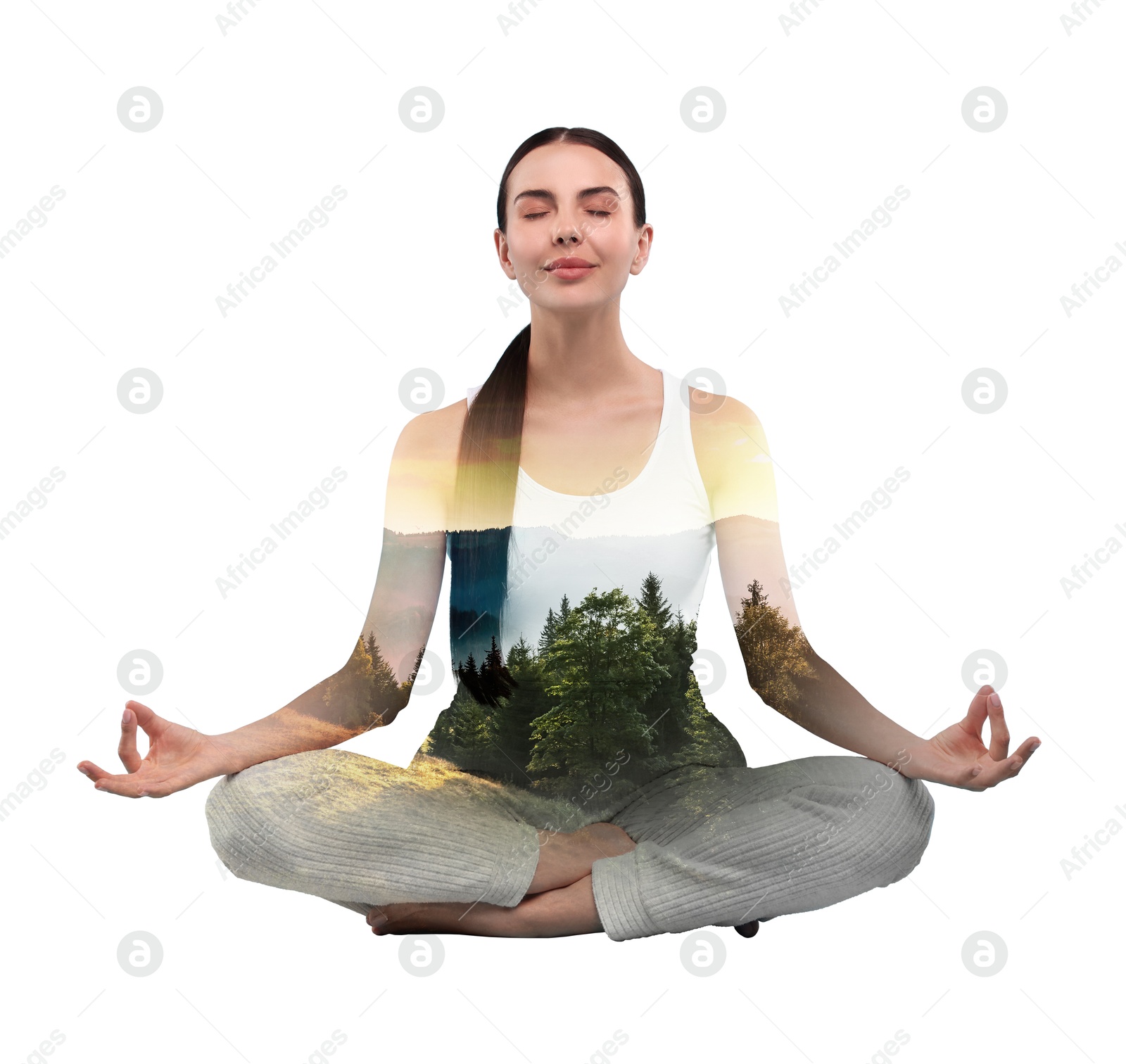 Image of Young woman meditating during yoga practice on white background, double exposure with nature landscape