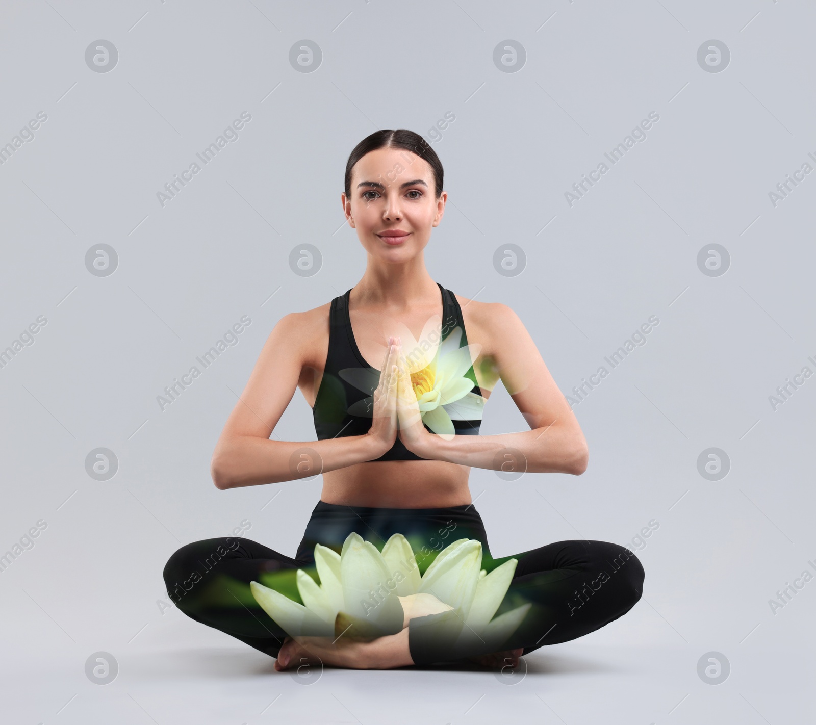 Image of Young woman practicing yoga on grey background, double exposure with flowers