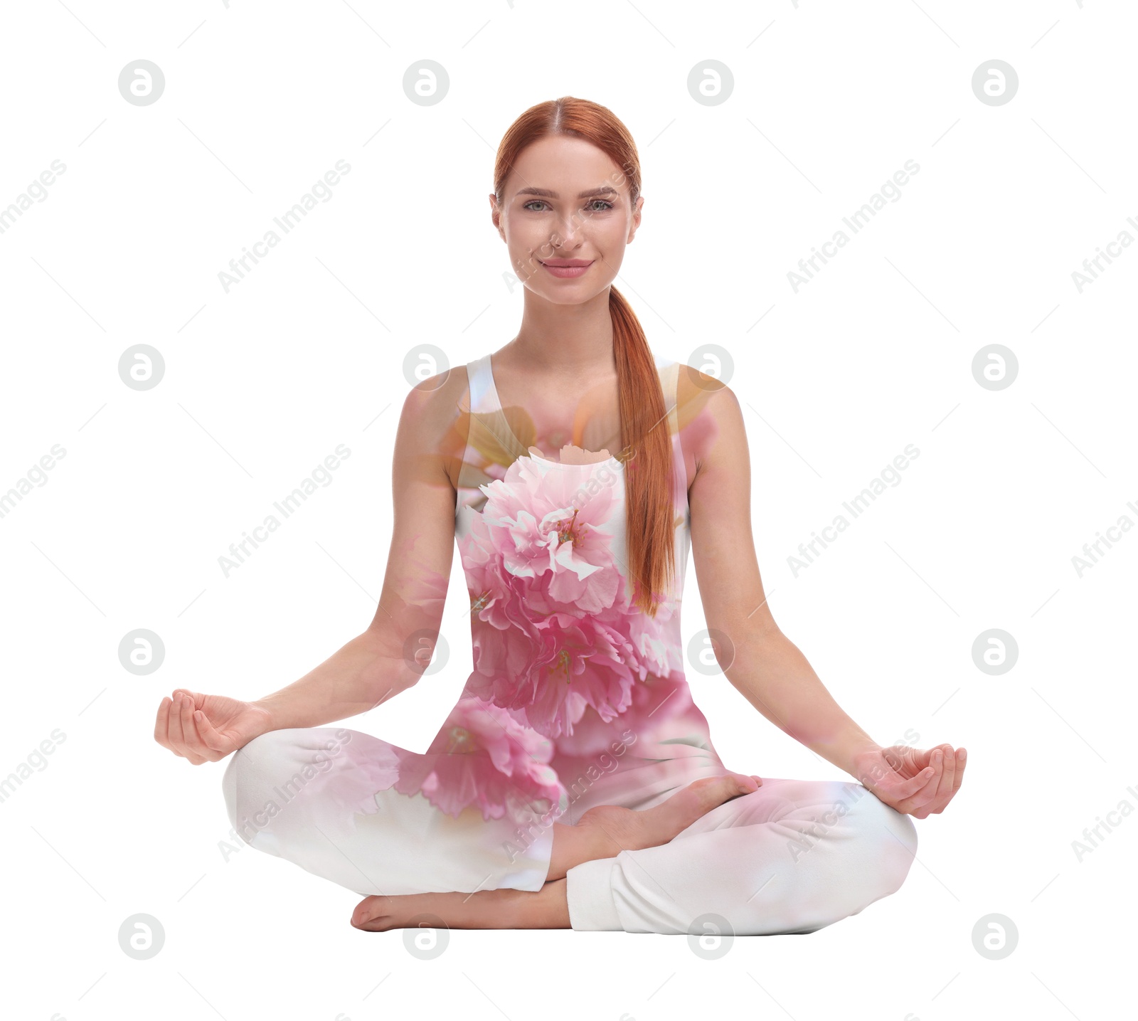 Image of Young woman practicing yoga on white background, double exposure with flowers