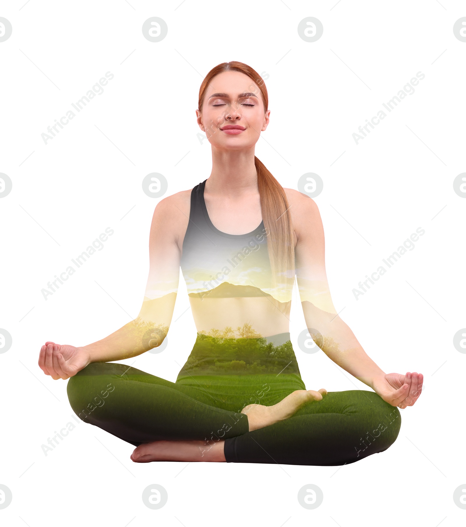Young woman meditating during yoga practice on white background, double exposure with nature landscape Image of Young woman meditating during yoga practice on white background, double exposure with nature landscape