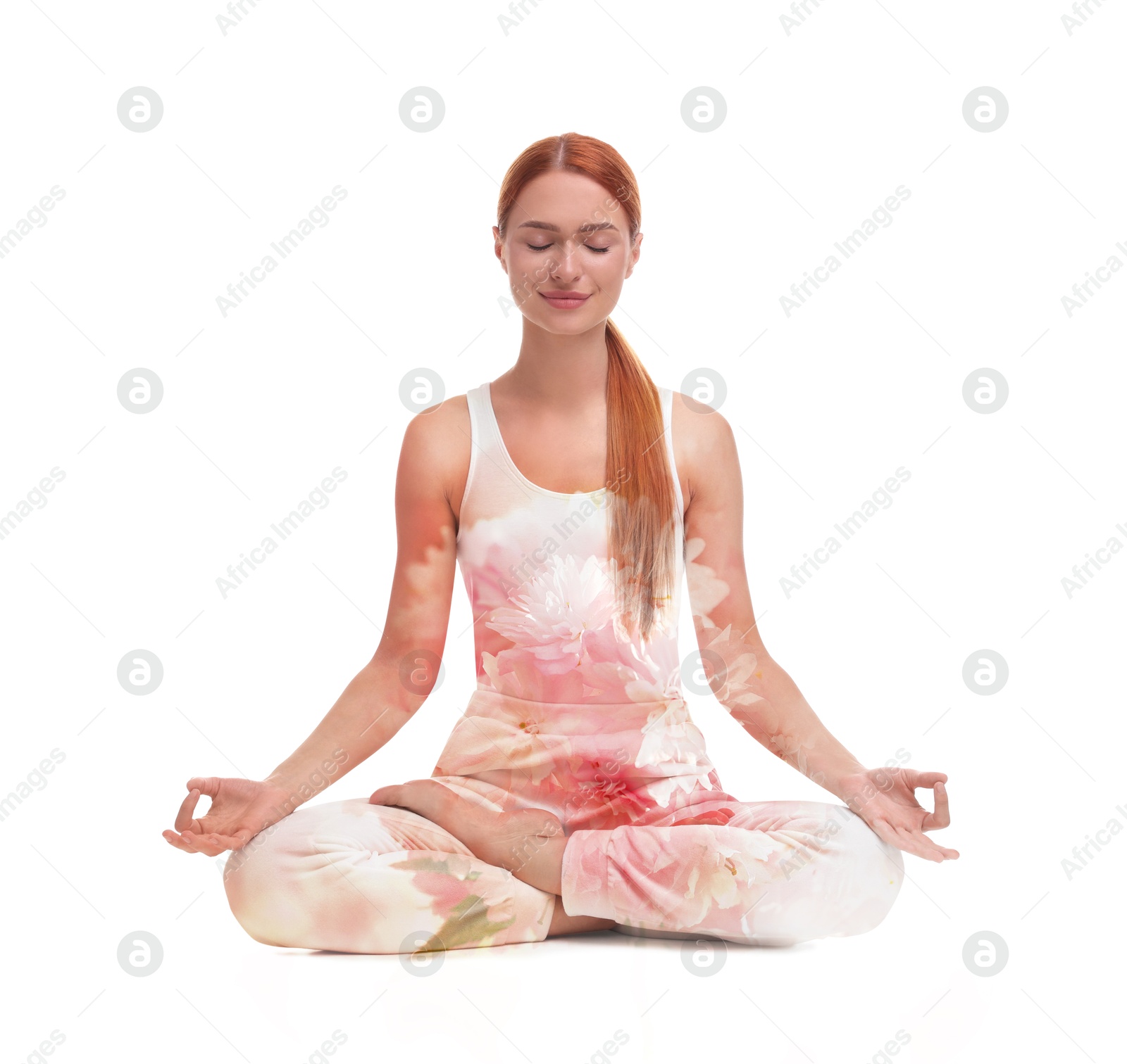 Young woman meditating during yoga practice on white background, double exposure with flowers Image of Young woman meditating during yoga practice on white background, double exposure with flowers