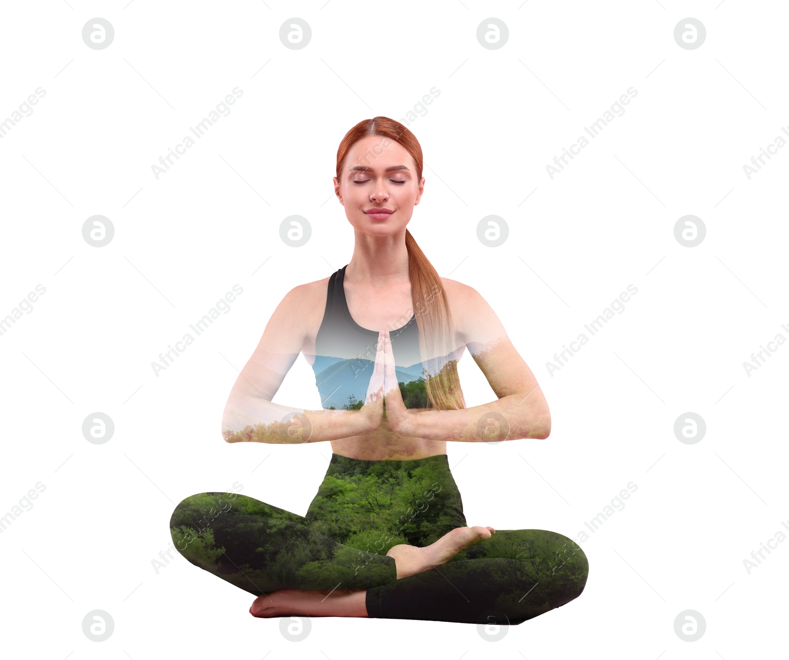 Young woman meditating during yoga practice on white background, double exposure with nature landscape Image of Young woman meditating during yoga practice on white background, double exposure with nature landscape