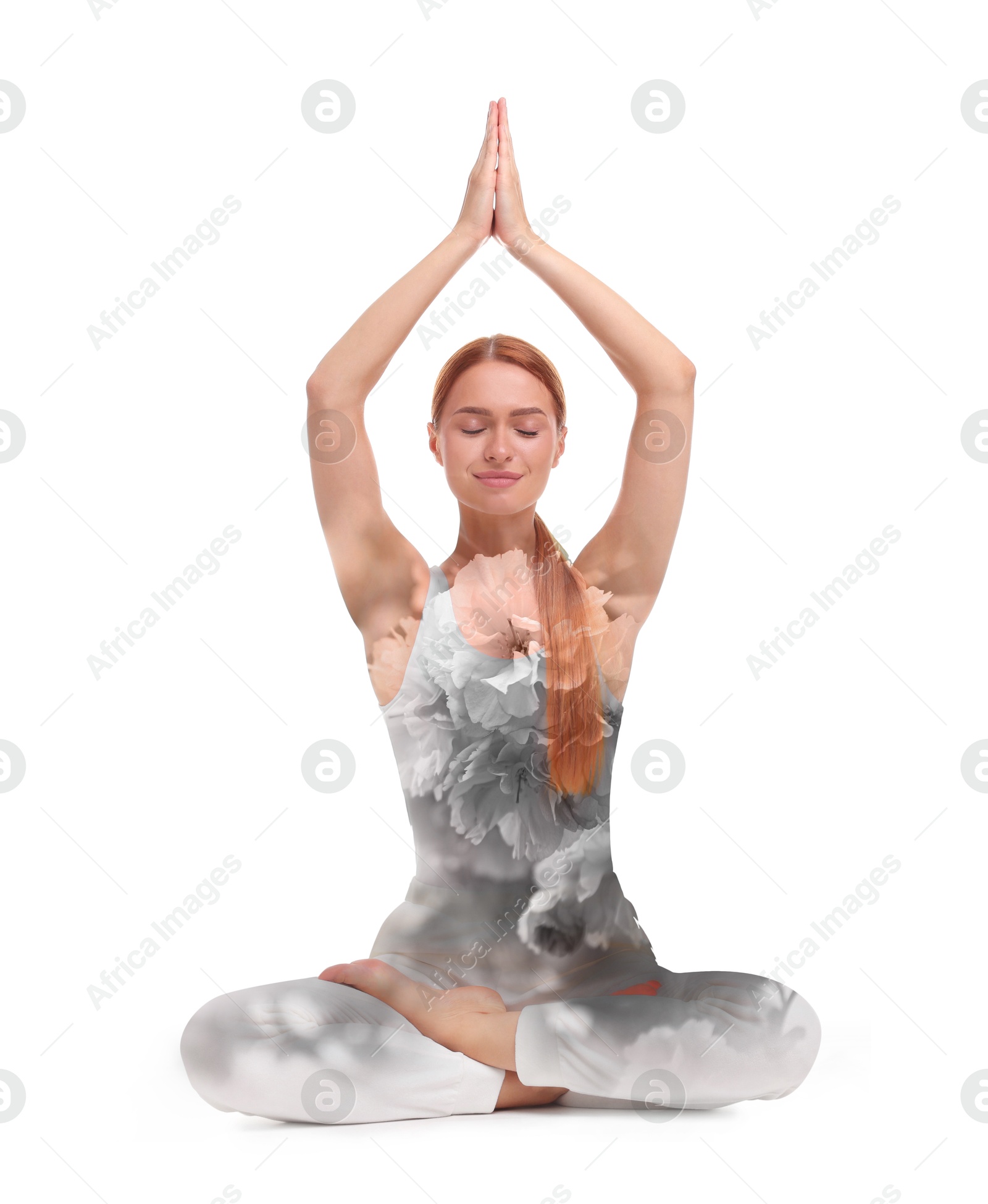 Image of Young woman practicing yoga on white background, double exposure with flowers