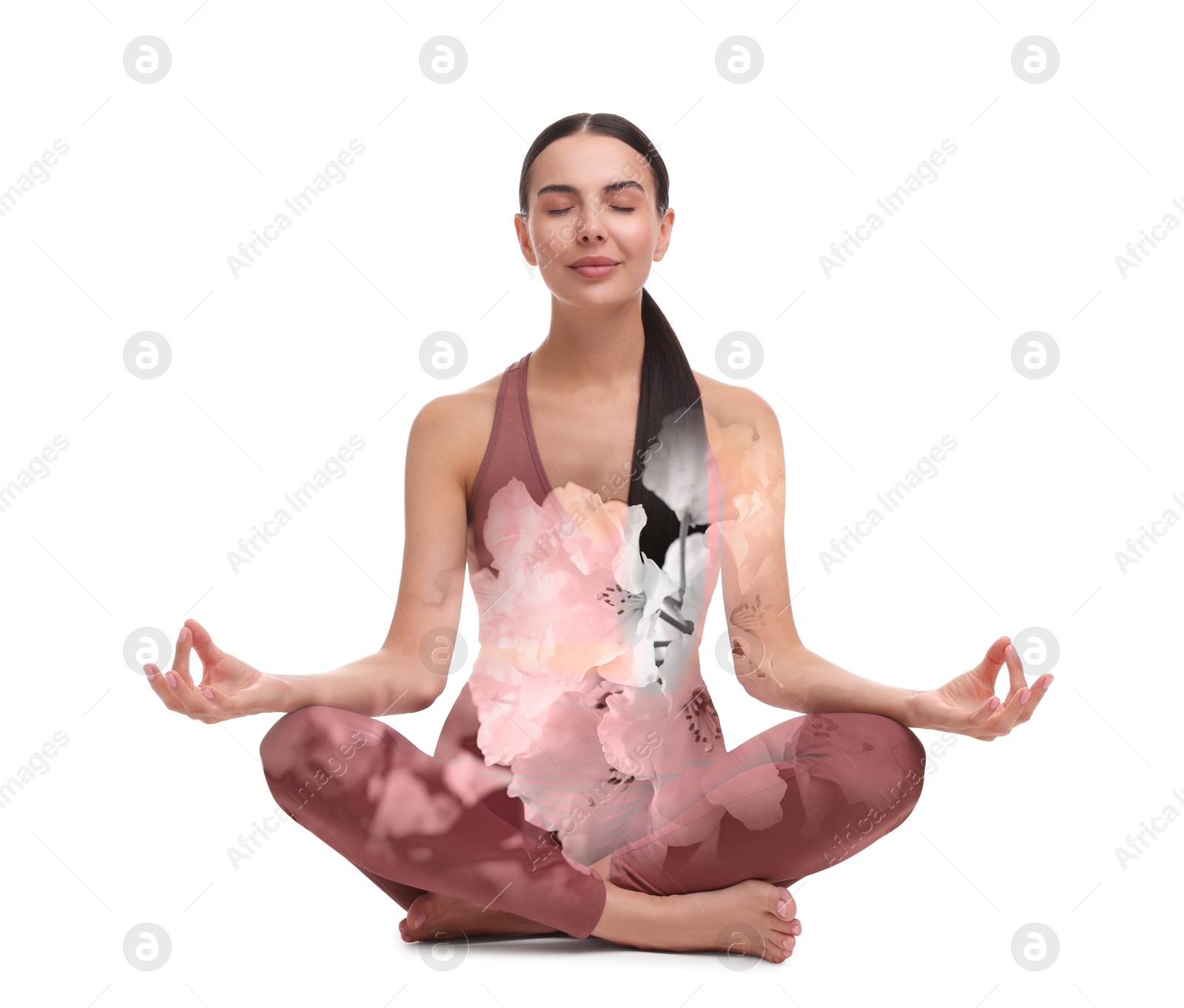 Young woman meditating during yoga practice on white background, double exposure with flowers Image of Young woman meditating during yoga practice on white background, double exposure with flowers