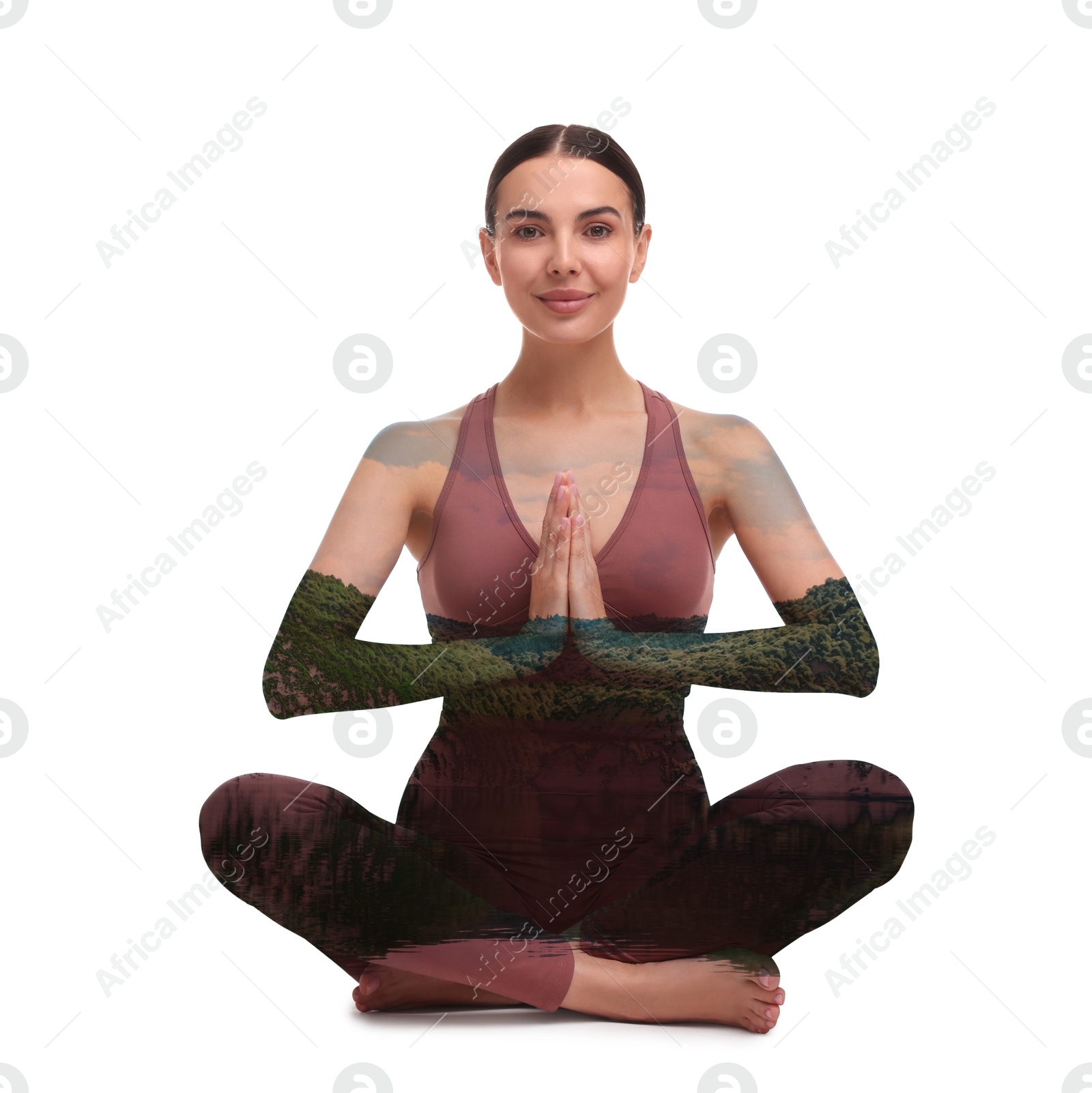 Image of Young woman practicing yoga on white background, double exposure with nature landscape