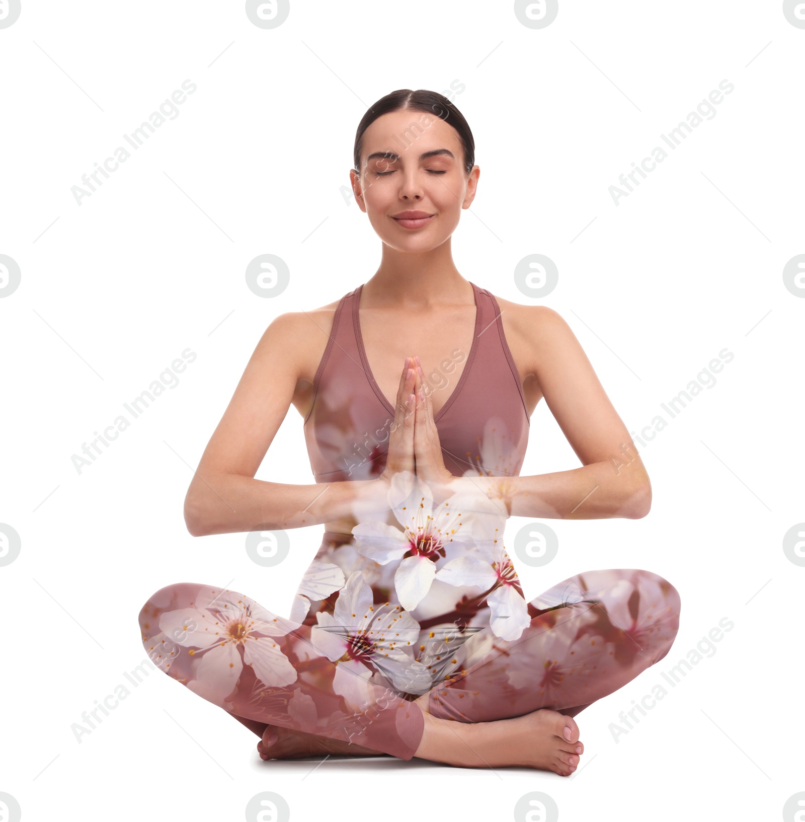 Young woman meditating during yoga practice on white background, double exposure with flowers Image of Young woman meditating during yoga practice on white background, double exposure with flowers
