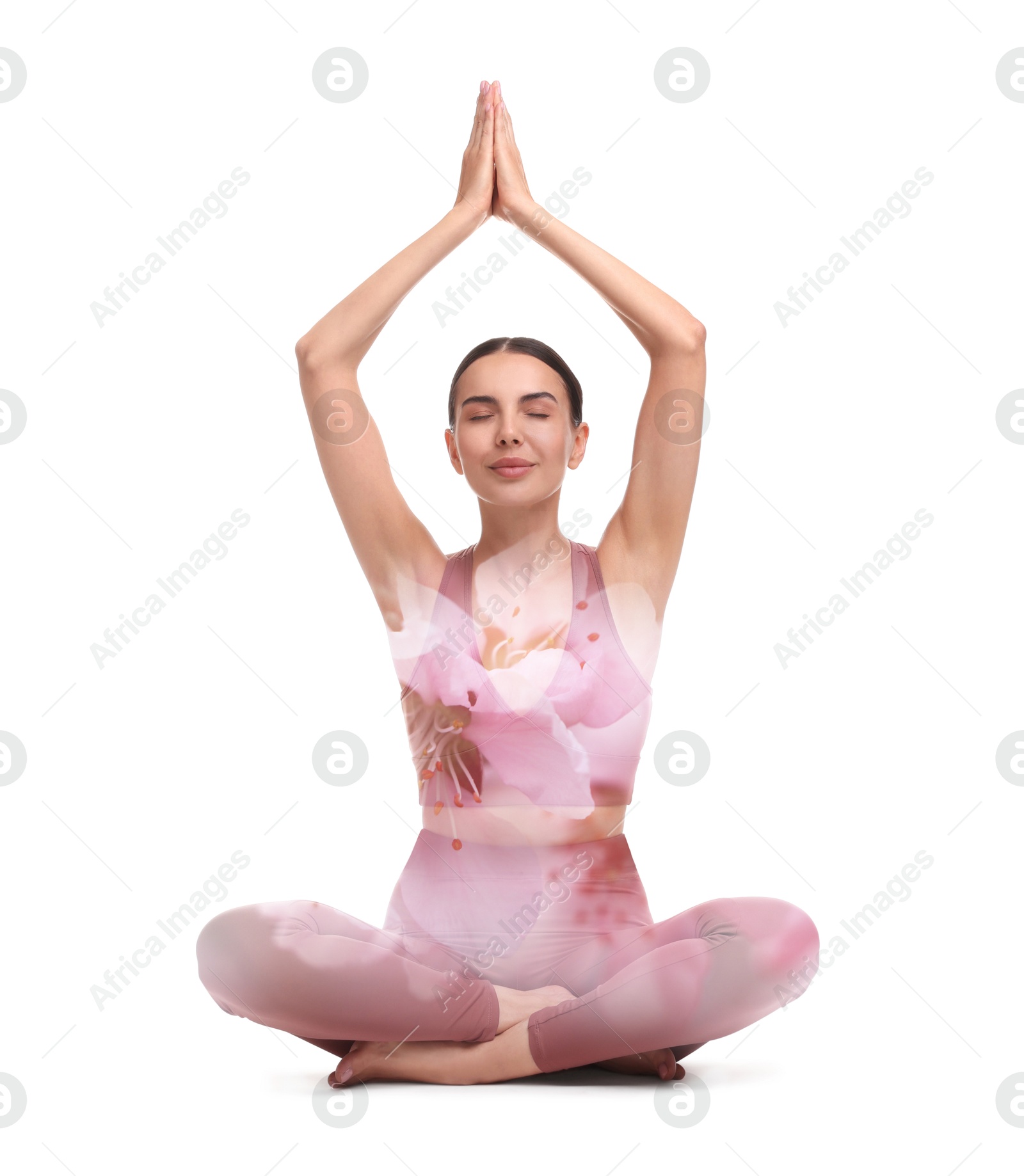 Image of Young woman practicing yoga on white background, double exposure with flowers