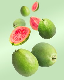 Image of Fresh guava fruits falling on light green background