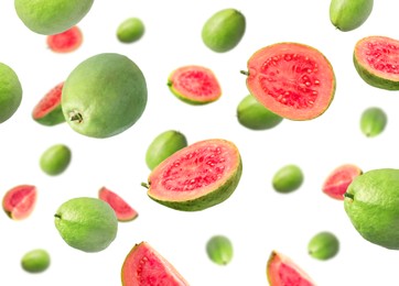 Image of Fresh guava fruits flying on white background