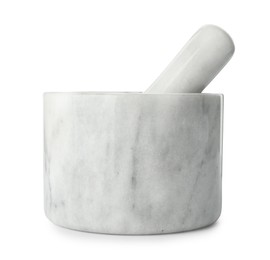 Photo of Marble mortar with pestle isolated on white