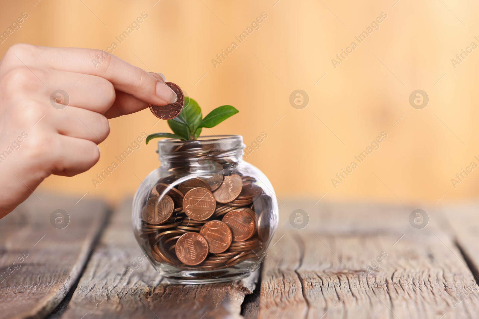 Investment concept. Woman putting coin into glass jar at wooden table against blurred orange background, closeup. Space for text Photo of Investment concept. Woman putting coin into glass jar at wooden table against blurred orange background, closeup. Space for text
