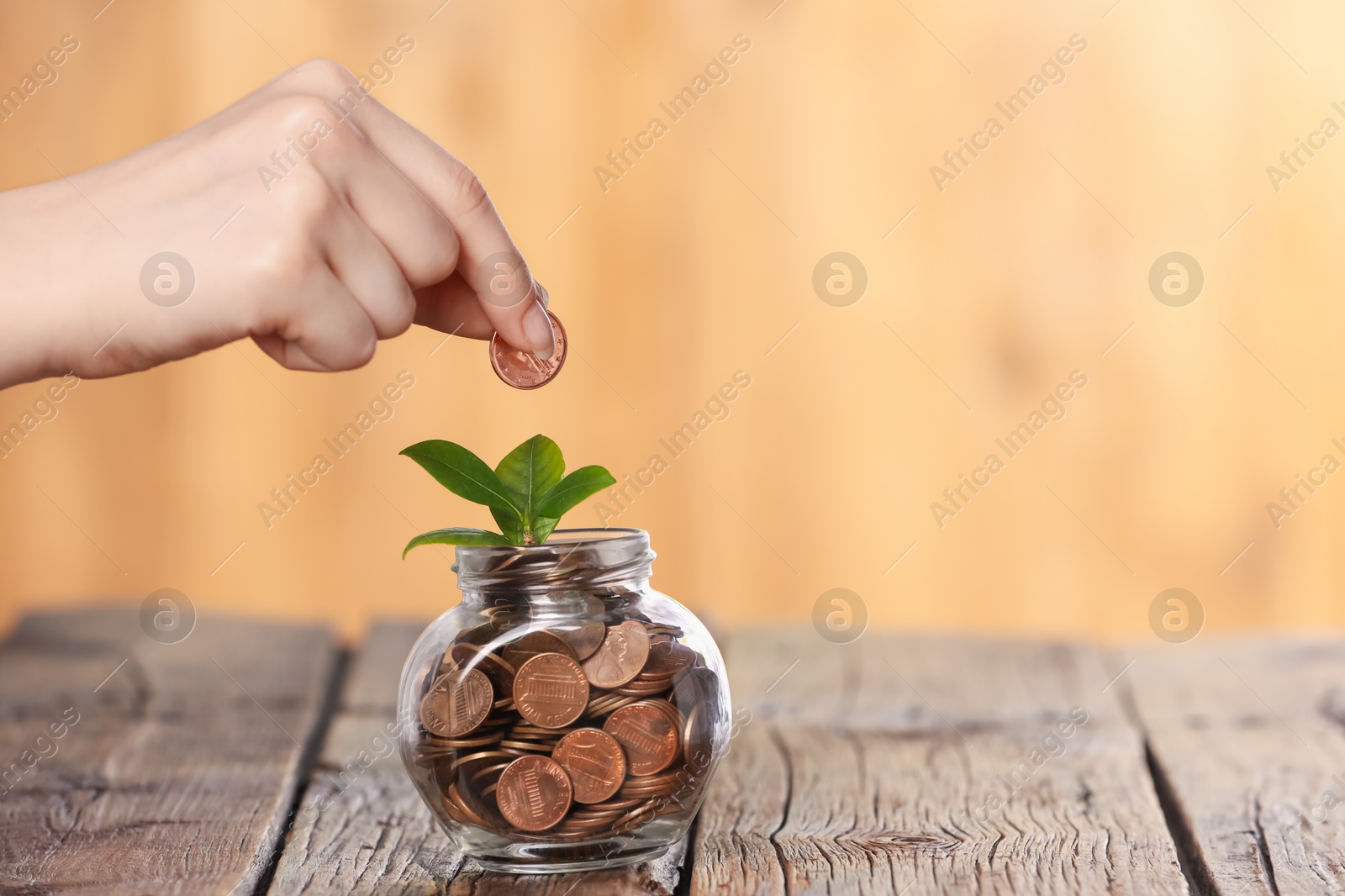 Investment concept. Woman putting coin into glass jar at wooden table against blurred orange background, closeup. Space for text Photo of Investment concept. Woman putting coin into glass jar at wooden table against blurred orange background, closeup. Space for text