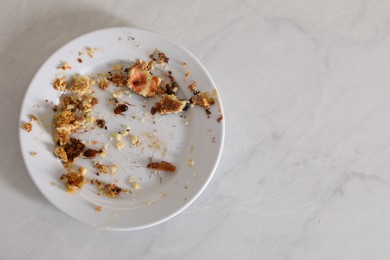 Photo of Cockroaches crawling on plate with food leftovers on light table, top view. Space for text
