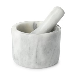 Photo of Marble mortar with pestle isolated on white
