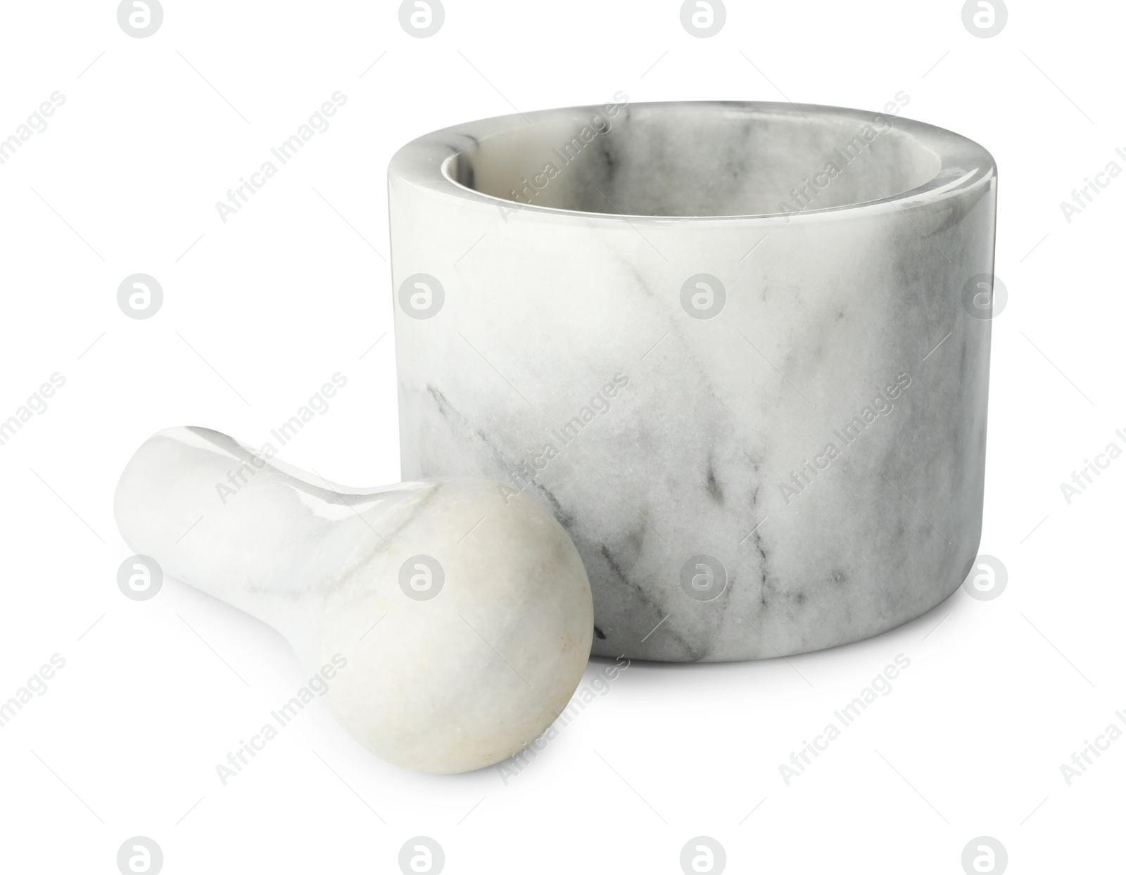 Marble mortar with pestle isolated on white Photo of Marble mortar with pestle isolated on white