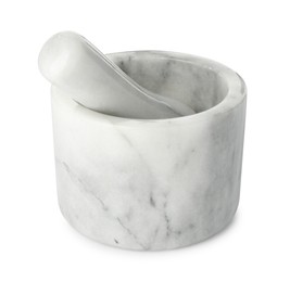 Photo of Marble mortar with pestle isolated on white