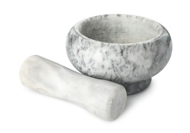 Photo of Marble mortar with pestle isolated on white