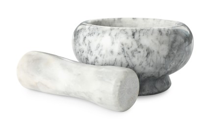 Photo of Marble mortar with pestle isolated on white