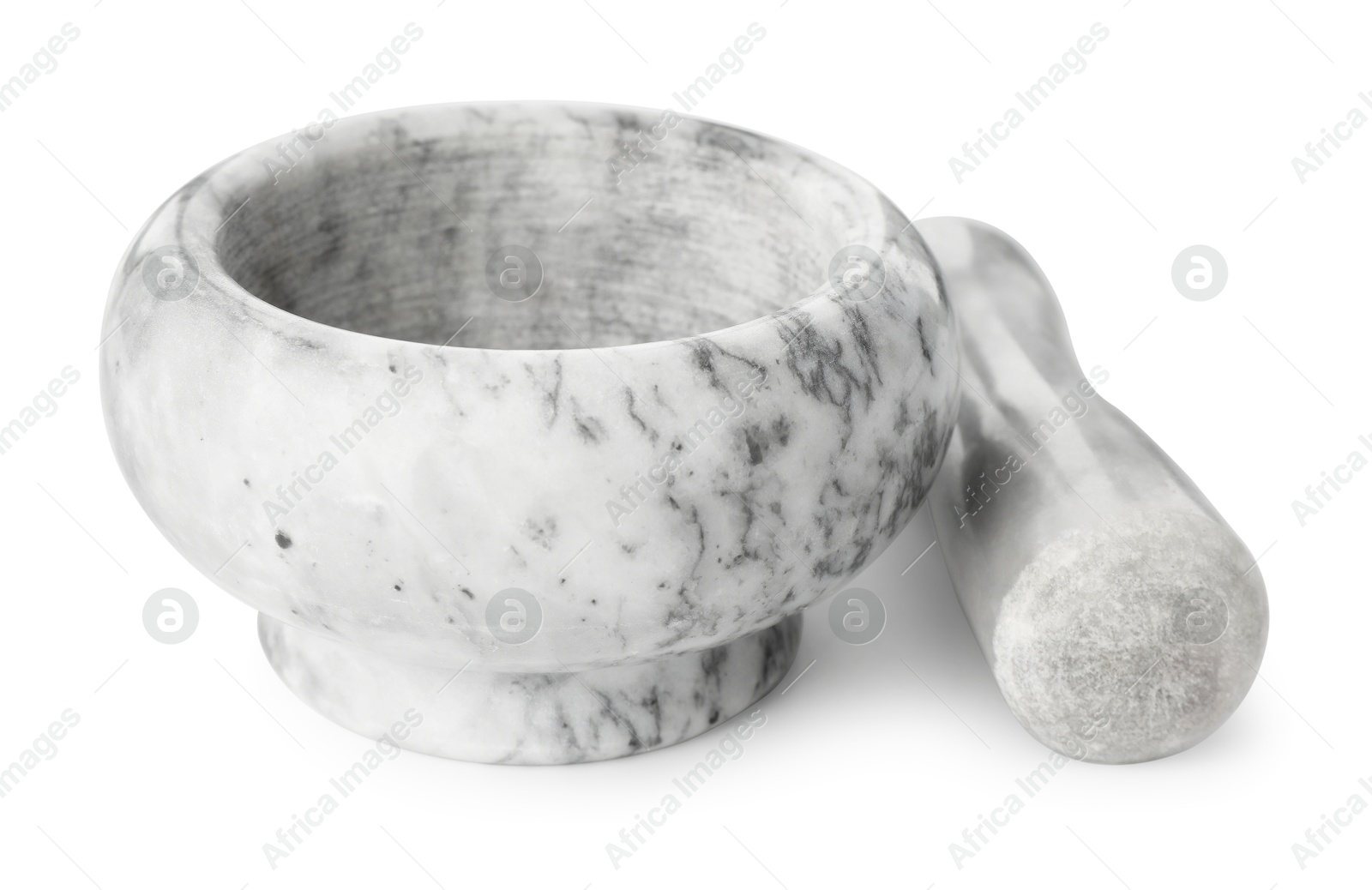 Marble mortar with pestle isolated on white Photo of Marble mortar with pestle isolated on white