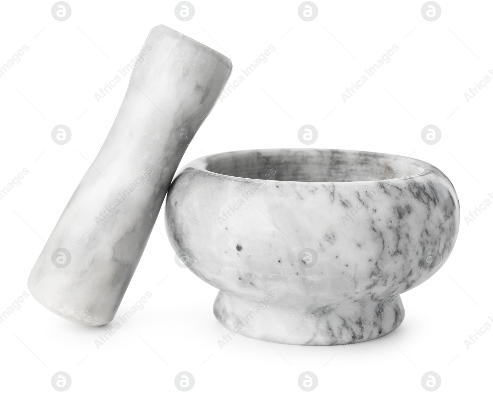 Marble mortar with pestle isolated on white Photo of Marble mortar with pestle isolated on white
