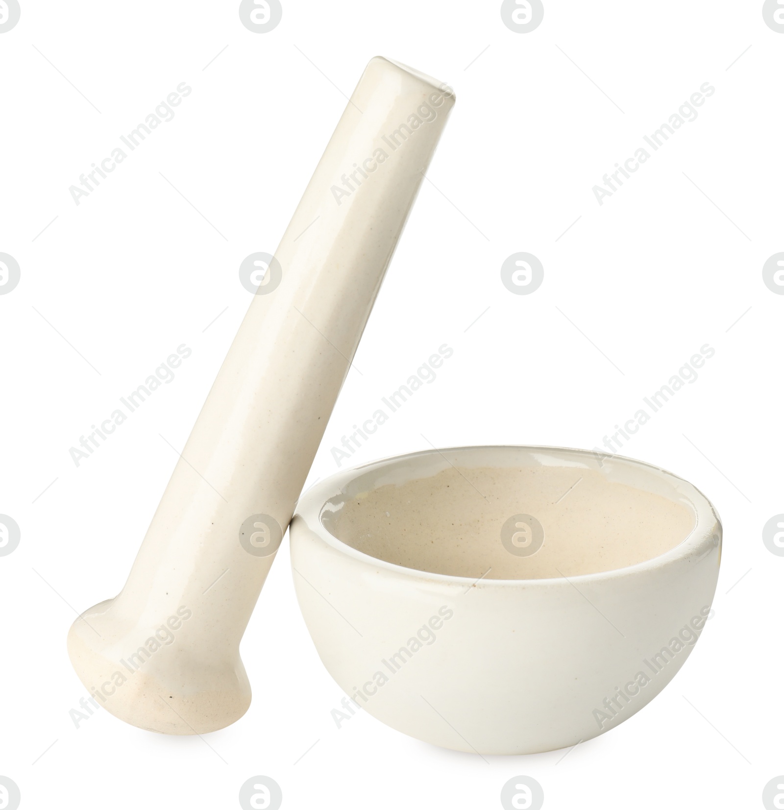 Ceramic mortar with pestle isolated on white Photo of Ceramic mortar with pestle isolated on white
