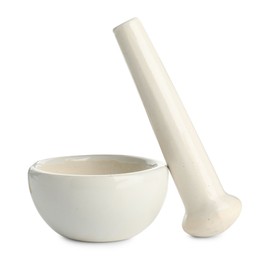 Photo of Ceramic mortar with pestle isolated on white