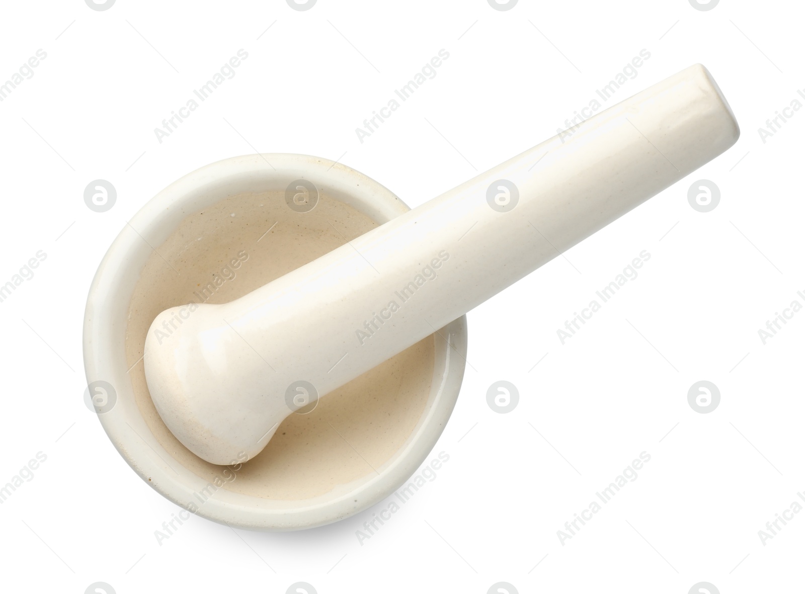 Ceramic mortar with pestle isolated on white, top view Photo of Ceramic mortar with pestle isolated on white, top view