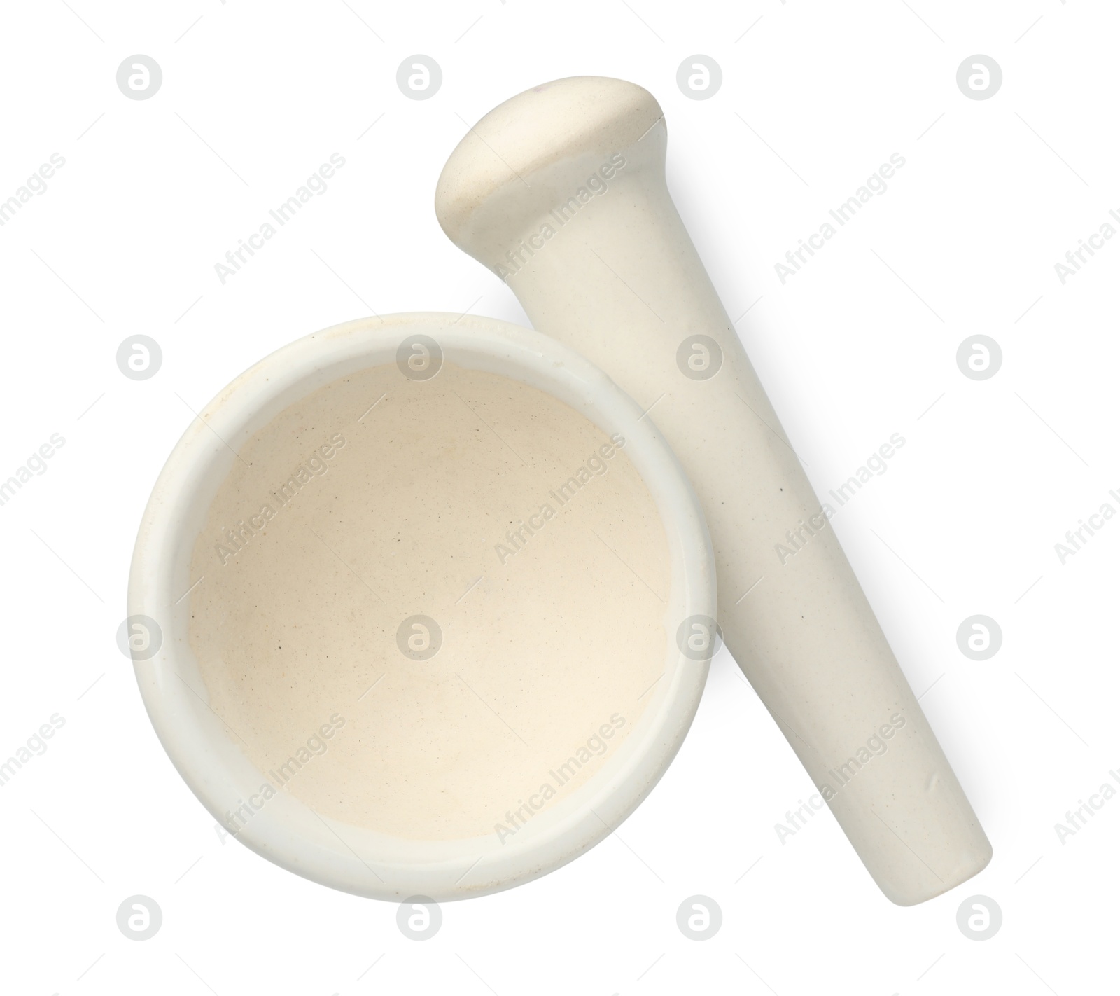 Ceramic mortar with pestle isolated on white, top view Photo of Ceramic mortar with pestle isolated on white, top view