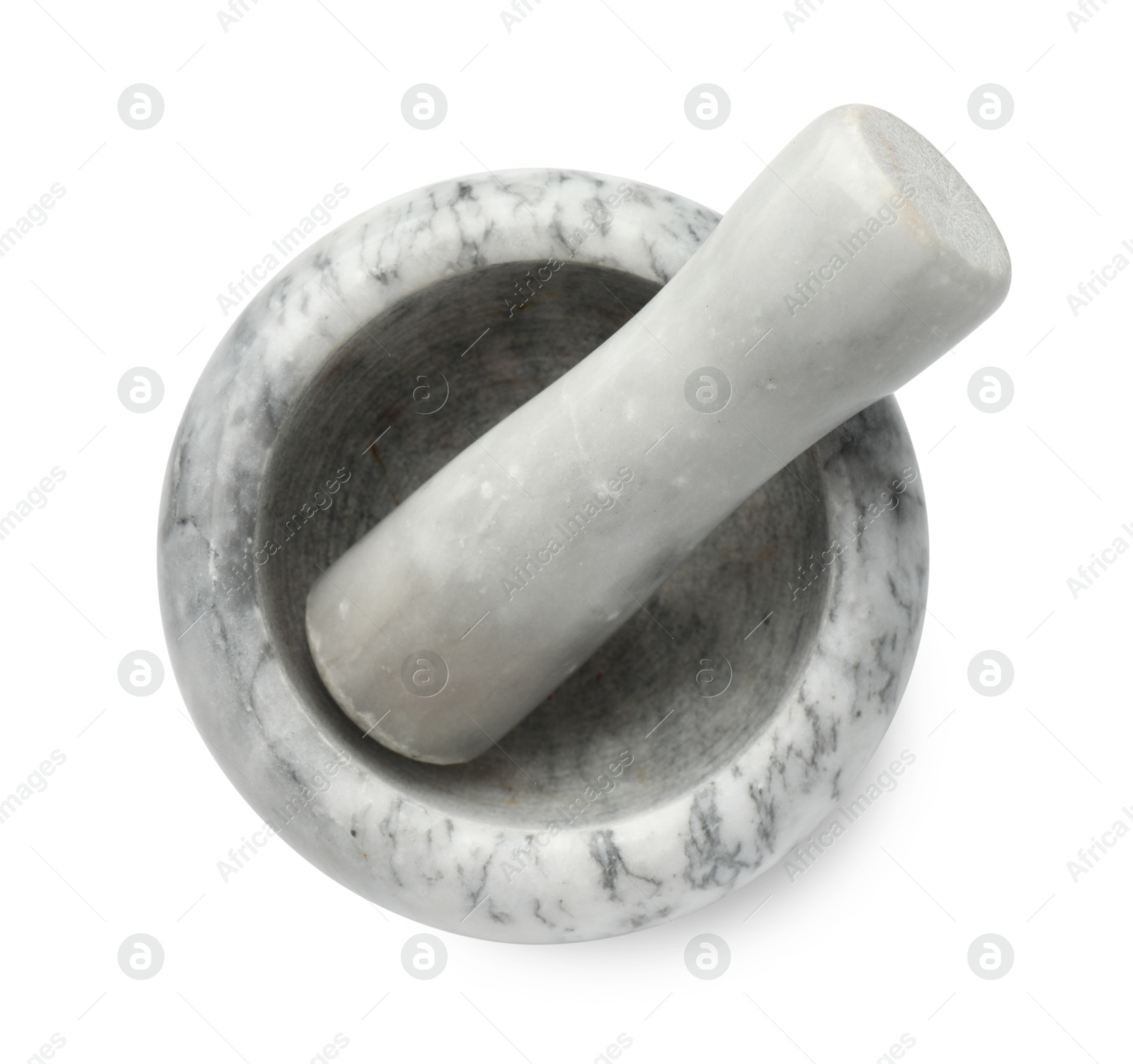 Marble mortar with pestle isolated on white, top view Photo of Marble mortar with pestle isolated on white, top view