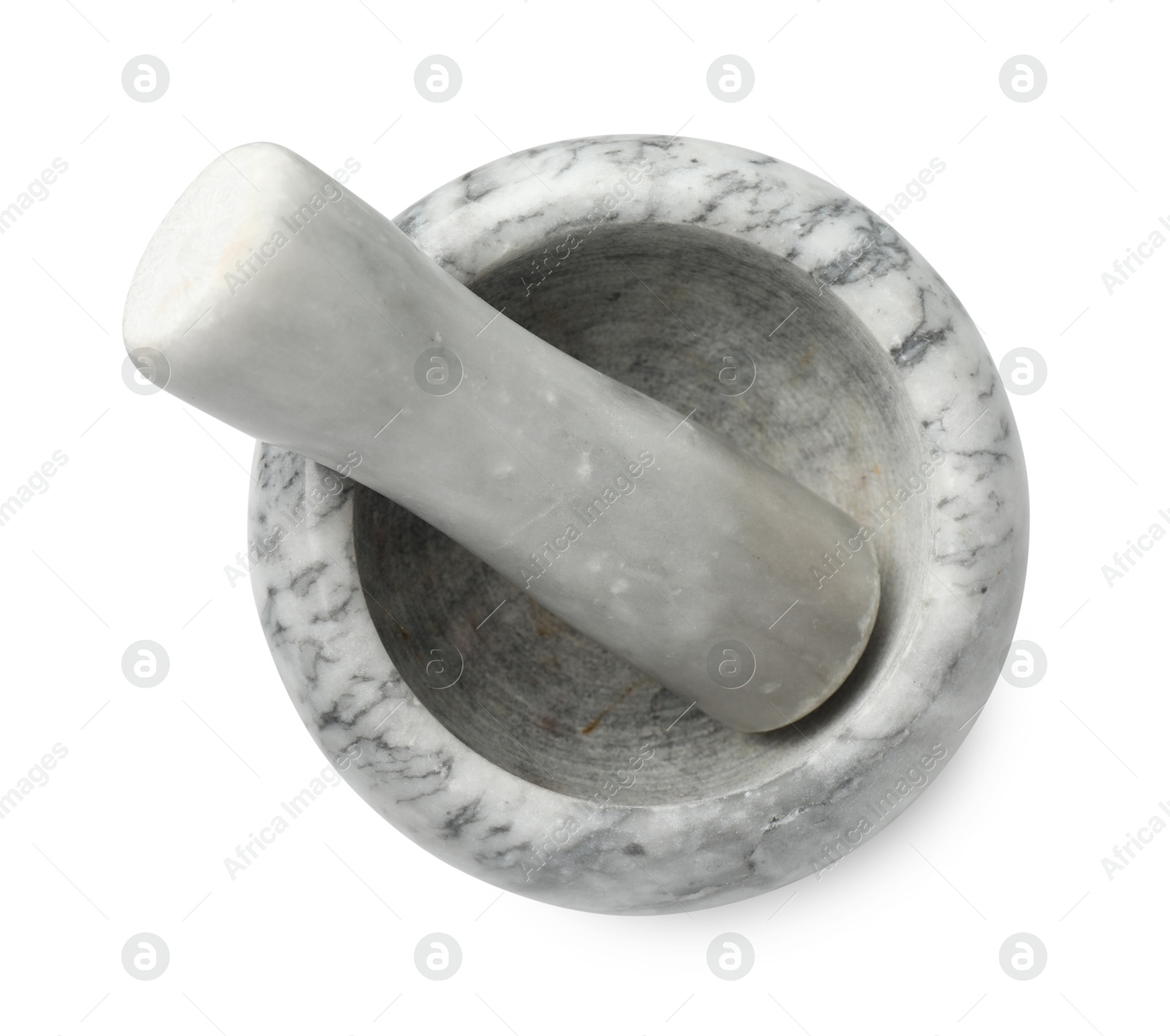 Marble mortar with pestle isolated on white, top view Photo of Marble mortar with pestle isolated on white, top view
