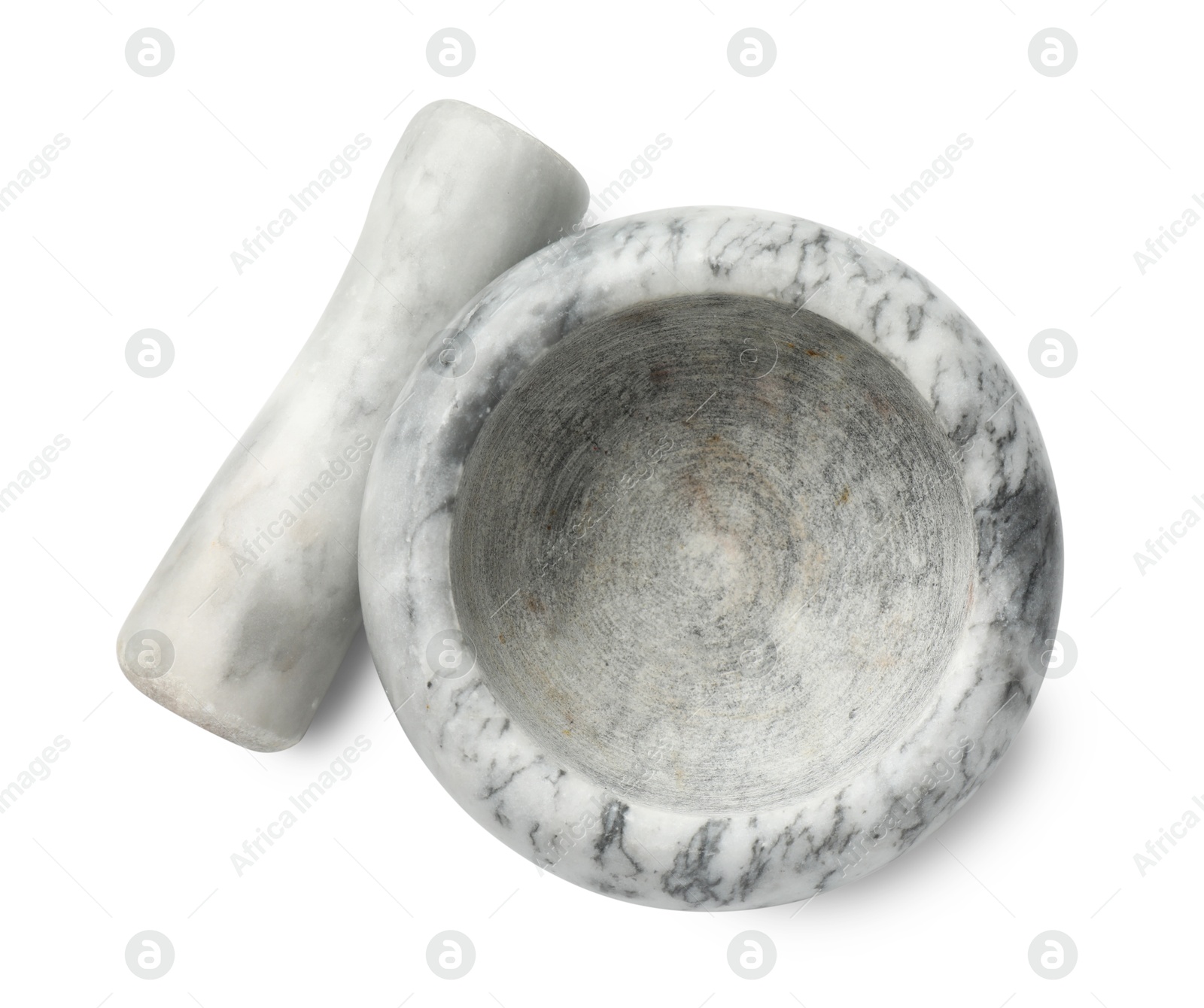 Marble mortar with pestle isolated on white, top view Photo of Marble mortar with pestle isolated on white, top view