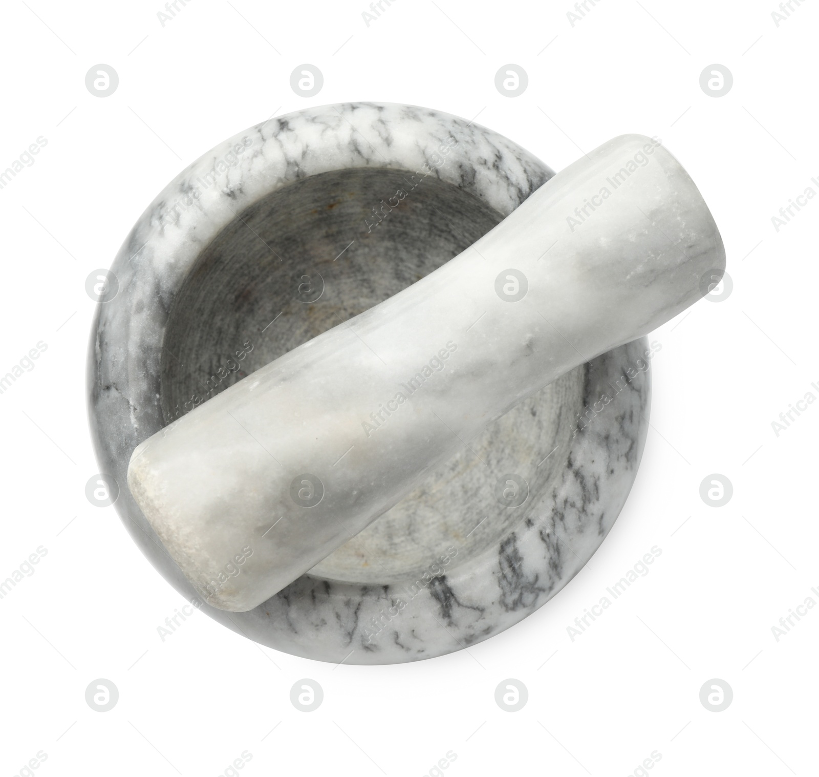 Marble mortar with pestle isolated on white, top view Photo of Marble mortar with pestle isolated on white, top view
