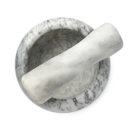 Photo of Marble mortar with pestle isolated on white, top view
