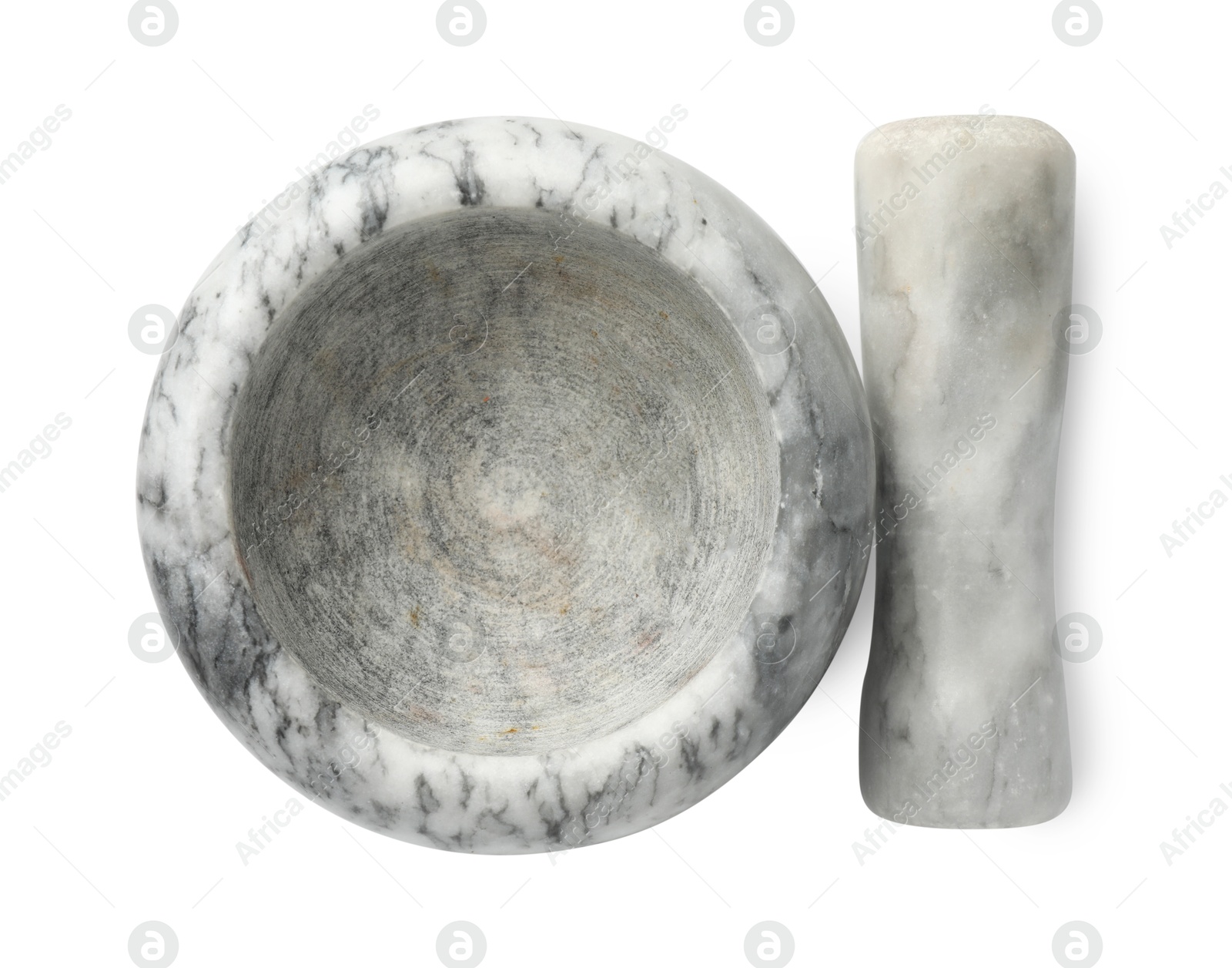 Marble mortar with pestle isolated on white, top view Photo of Marble mortar with pestle isolated on white, top view